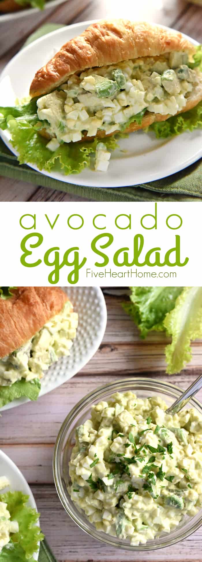 Avocado Egg Salad ~ avocado toast meets classic egg salad, lightened up with yogurt and studded with creamy chunks of avocado throughout...a perfect topping for sandwiches, crackers, or salads and a fantastic way to use up leftover hard-boiled eggs! | FiveHeartHome.com via @fivehearthome