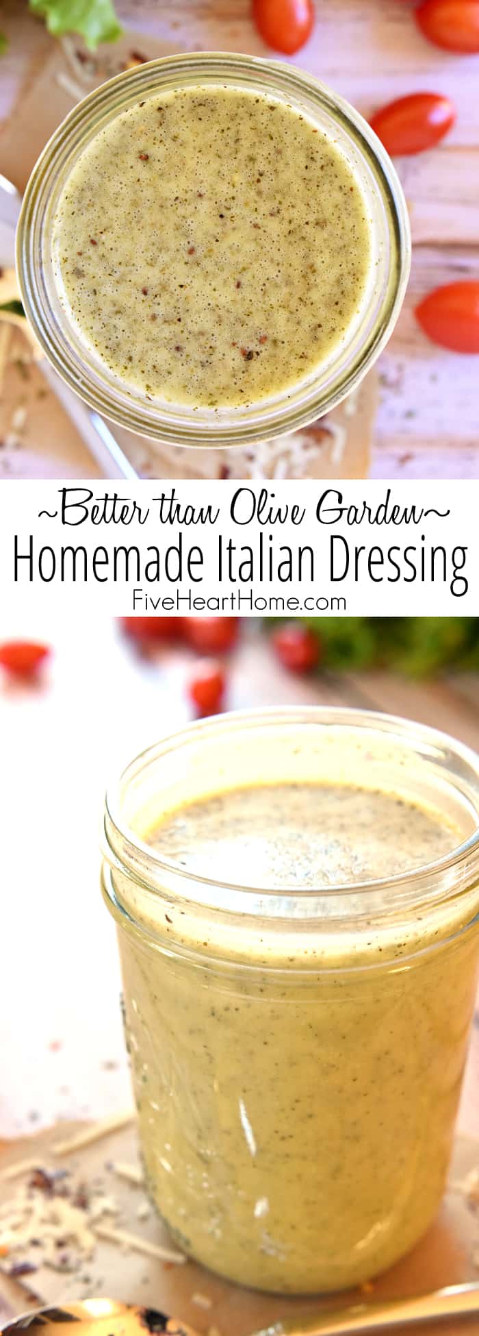 "Better than Olive Garden" Homemade Italian Dressing ~ this all-natural, zesty salad dressing is economical, easy to make, delicious on salads, and makes an excellent marinade! | FiveHeartHome.com via @fivehearthome