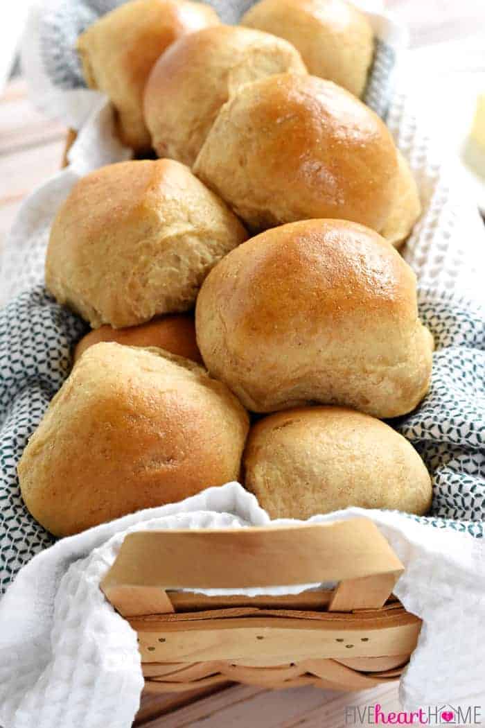 Basket of Whole Wheat Dinner Rolls.