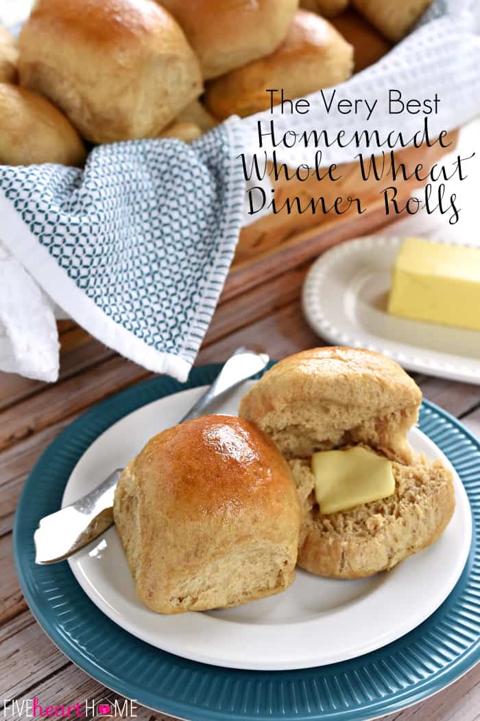 Homemade Whole Wheat Dinner Rolls ~ adapted from our incredibly popular Homemade Whole Wheat Bread recipe, these 100% whole wheat dinner rolls are soft, pillowy, moist, easy to make, and truly the BEST! | FiveHeartHome.com