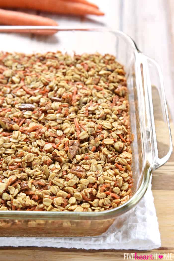 Carrot Cake Baked Oatmeal ~ a tasty, wholesome breakfast recipe featuring rolled oats, grated carrots, coconut oil, and maple syrup, with flavors of the classic dessert | FiveHeartHome.com Carrot Cake Baked Oatmeal in a Glass Baking Dish Fresh from the Oven
