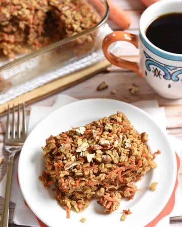 Carrot Cake Baked Oatmeal ~ a tasty, wholesome breakfast recipe featuring rolled oats, grated carrots, coconut oil, and maple syrup, with flavors of the classic dessert | FiveHeartHome.com