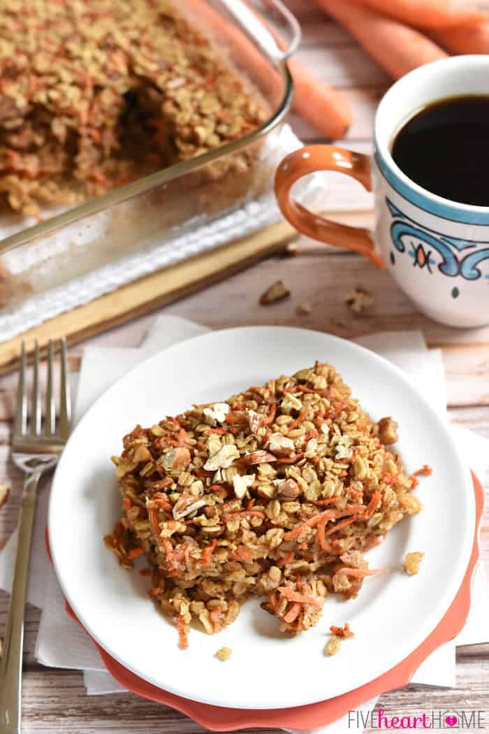 Carrot Cake Baked Oatmeal ~ a tasty, wholesome breakfast recipe featuring rolled oats, grated carrots, coconut oil, and maple syrup, with flavors of the classic dessert | FiveHeartHome.com Delicious Breakfast of Carrot Cake Baked Oatmeal With a Cup of Coffee
