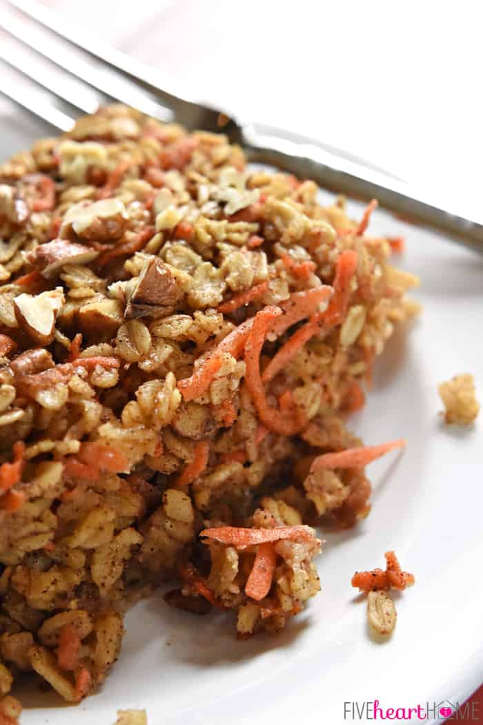 Carrot Cake Baked Oatmeal ~ a tasty, wholesome breakfast recipe featuring rolled oats, grated carrots, coconut oil, and maple syrup, with flavors of the classic dessert | FiveHeartHome.com Close-Up Featuring Ingredients of oats, carrots, nuts