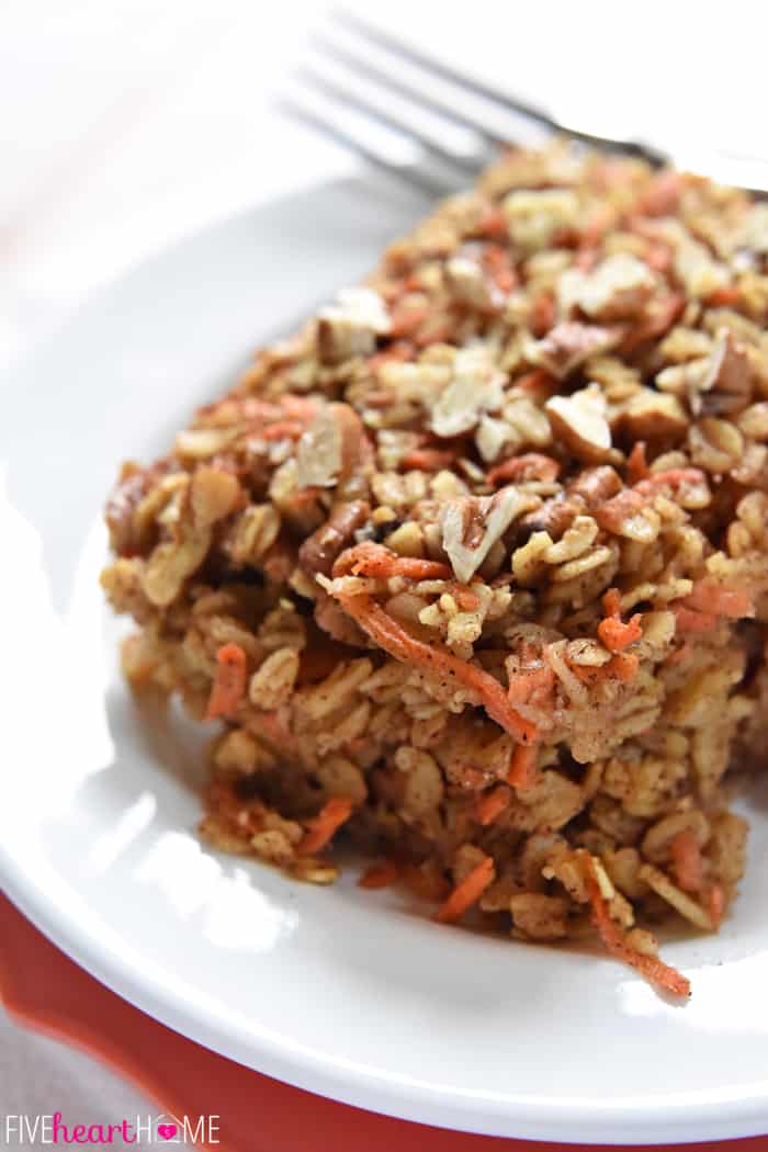 Carrot Cake Baked Oatmeal ~ a tasty, wholesome breakfast recipe featuring rolled oats, grated carrots, coconut oil, and maple syrup, with flavors of the classic dessert | FiveHeartHome.com Close-Up
