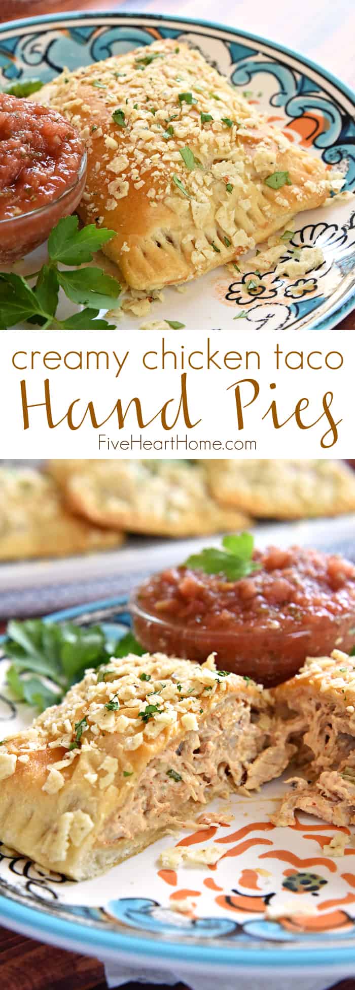 Creamy Chicken Taco Hand Pies ~ crescent roll dough filled with a savory mixture of diced chicken, cream cheese, taco seasoning, and fresh cilantro, and topped with a crunchy layer of crushed tortilla chips | FiveHeartHome.com via @fivehearthome