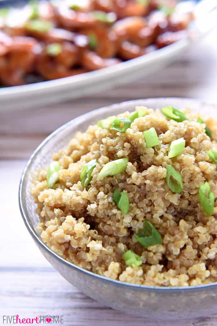 Bowl of Asian Quinoa garnished with chopped green onions