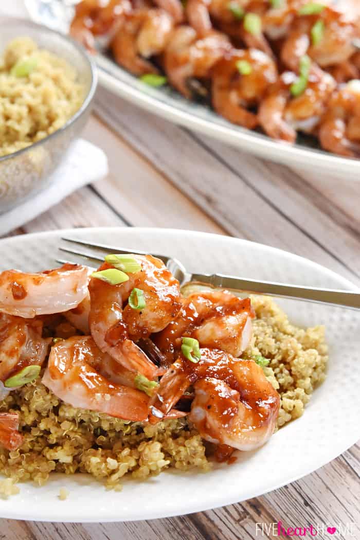Honey Garlic Shrimp over Asian Quinoa on a plate