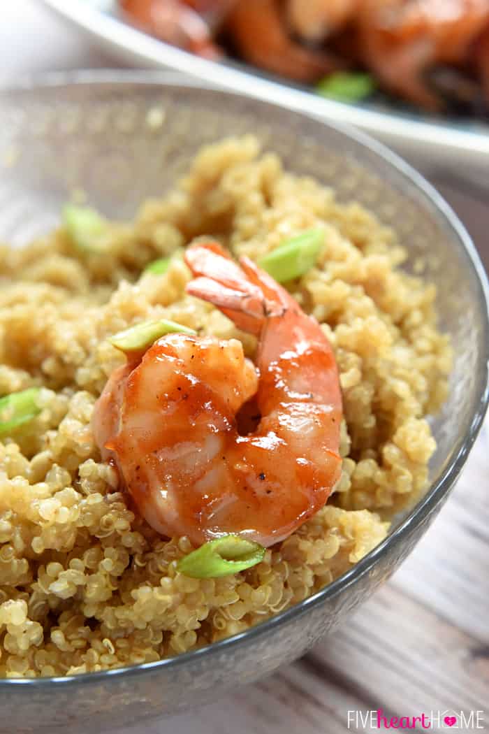 One plump Honey Garlic Shrimp on top of Asian Quinoa