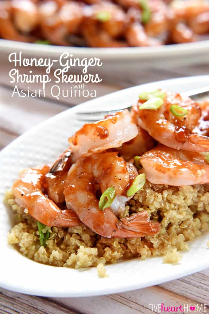 Honey Garlic Shrimp atop Asian Quinoa with text overlay