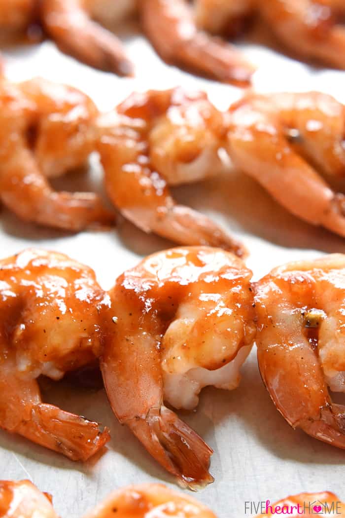 Close-up of Honey Garlic Shrimp skewers