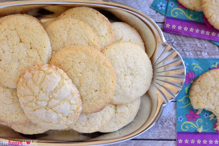 Soft & Puffy Sugar Cookies ~ requiring no rolling, these vanilla-infused cookies have a tender, chewy interior and a crunchy coating of sugar | FiveHeartHome.com