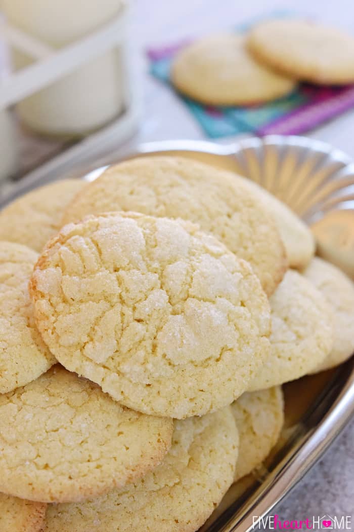 Soft Sugar Cookies ~ easy to make because they require NO ROLLING! They're tender and puffy with a crunchy coating of sugar and loads of vanilla flavor! | FiveHeartHome.com Close up of Soft Sugar Cookies recipe.