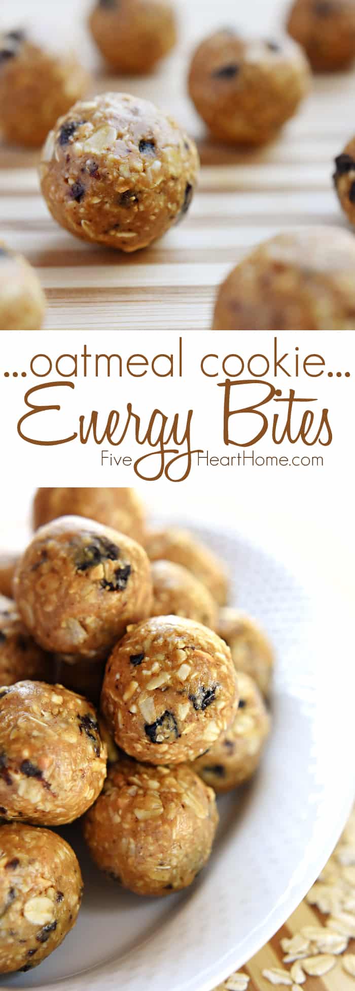 Oatmeal Cookie Energy Bites ~ tasty, no-bake balls combining oats, ground nuts, dried fruit, nut butter, and honey...perfect as a portable breakfast-on-the-go, a protein-packed snack, or a no-guilt-necessary sweet treat! | FiveHeartHome.com via @fivehearthome