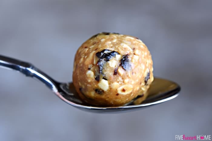 Oatmeal Cookie Energy Bites ~ tasty, no-bake balls combining oats, ground nuts, dried fruit, nut butter, and honey...perfect as a portable breakfast-on-the-go, a protein-packed snack, or a no-guilt-necessary sweet treat! | FiveHeartHome.com Close-up of Oatmeal Energy Bite on spoon.