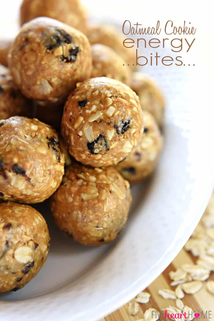 Oatmeal Cookie Energy Bites ~ tasty, no-bake balls combining oats, ground nuts, dried fruit, nut butter, and honey...perfect as a portable breakfast-on-the-go, a protein-packed snack, or a no-guilt-necessary sweet treat! | FiveHeartHome.com Oatmeal Cookie Energy Bites with text overlay.