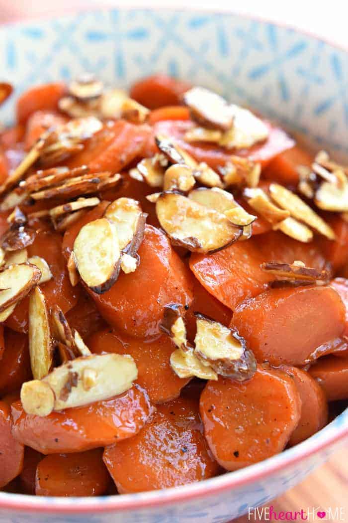Orange Apricot-Glazed Carrots with Candied Almonds ~ sweet and tender, glossy and vibrant...and the perfect spring side dish for Easter dinner! | FiveHeartHome.com