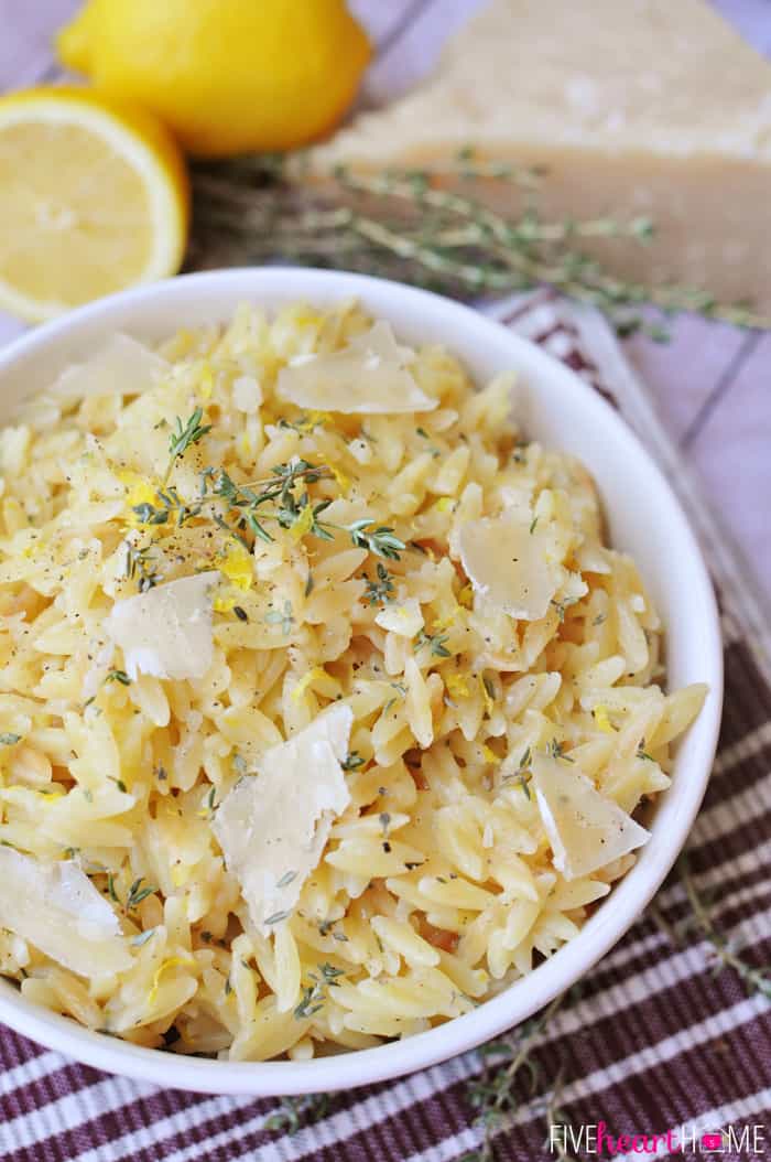 Parmesan Orzo with Lemon and Thyme ~ a perfect summer side dish! | FiveHeartHome.com