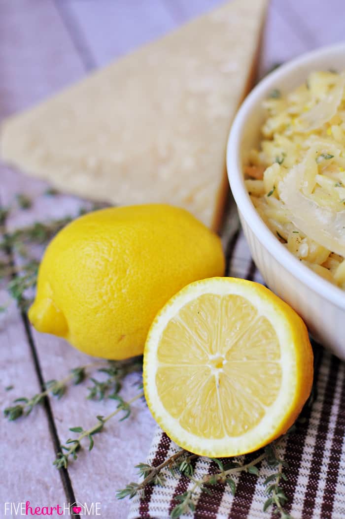 Parmesan Orzo with Lemon and Thyme ~ a perfect summer side dish! | FiveHeartHome.com