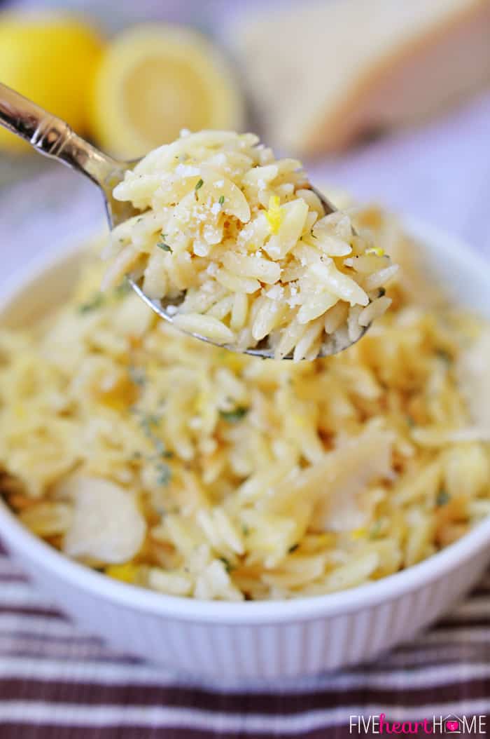 Parmesan Orzo with Lemon and Thyme ~ a perfect summer side dish! | FiveHeartHome.com