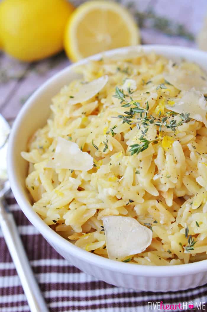 Parmesan Orzo with Lemon and Thyme ~ a perfect summer side dish! | FiveHeartHome.com