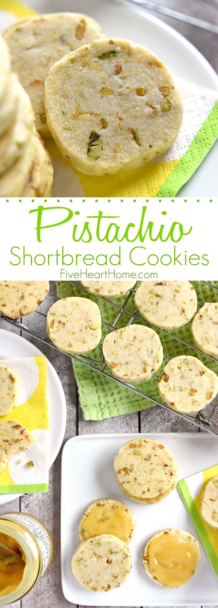 Pistachio Shortbread Cookies ~ delicately sweet and studded with salty pistachios, these easy-to-make cookies can be filled with lemon curd, fruity jam, or Nutella for fun and tasty sandwich cookies | FiveHeartHome.com via @fivehearthome