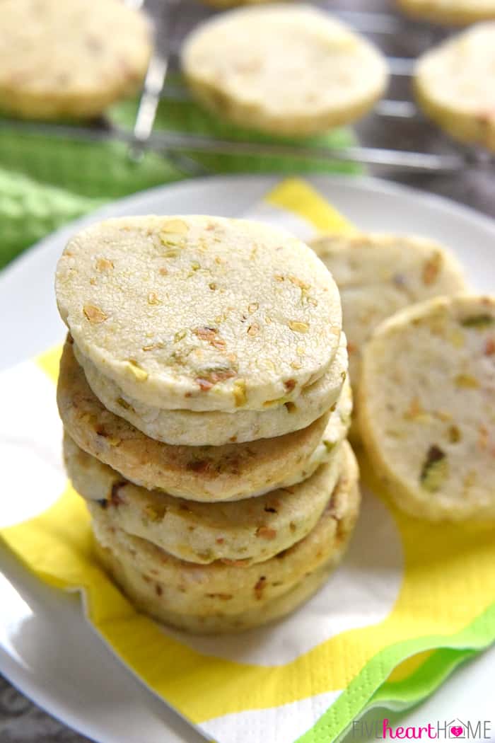 Stack of Pistachio Shortbread Cookies on a Decorative Napkin 