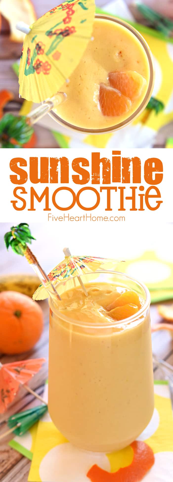 Sunshine Smoothie ~ this creamy, dreamy breakfast or snack is bursting with citrus and tropical fruit for a big blast of vitamin C to boost your immune system | FiveHeartHome.com via @fivehearthome