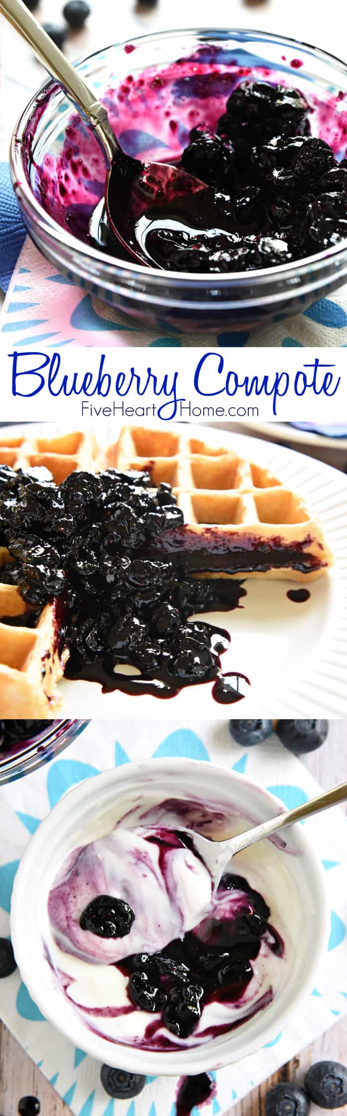 Blueberry Compote ~ frozen blueberries are sweetened with maple syrup and cooked down into a thick, glossy sauce …delicious over waffles, pancakes, pound cake, yogurt, ice cream, and so much more! | FiveHeartHome.com via @fivehearthome