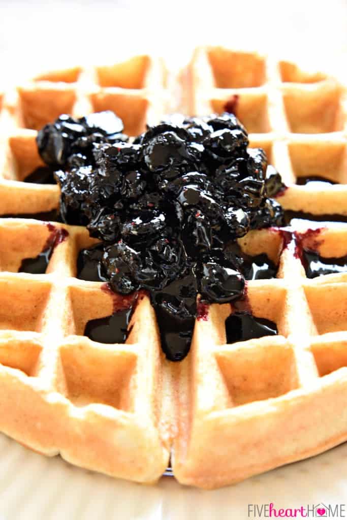 Blueberry Compote recipe spooned over waffle.