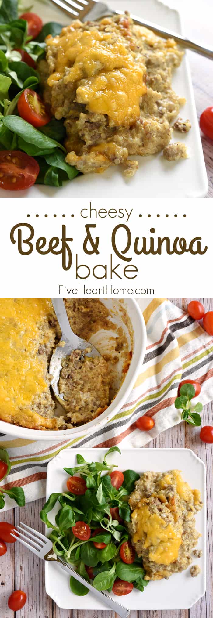 Cheesy Beef & Quinoa Bake ~ a simple, wholesome, easy-to-make casserole featuring just a handful of ingredients including ground beef, quinoa, Greek yogurt, and cheddar...perfect for picky eaters and busy weeknights! | FiveHeartHome.com via @fivehearthome