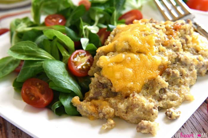 Cheesy Beef & Quinoa Bake ~ a simple, wholesome, easy-to-make casserole featuring just a handful of ingredients including ground beef, quinoa, Greek yogurt, and cheddar...perfect for picky eaters and busy weeknights! | FiveHeartHome.com