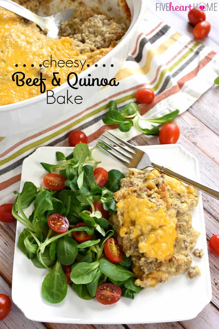 Cheesy Beef & Quinoa Bake with Text Overlay 