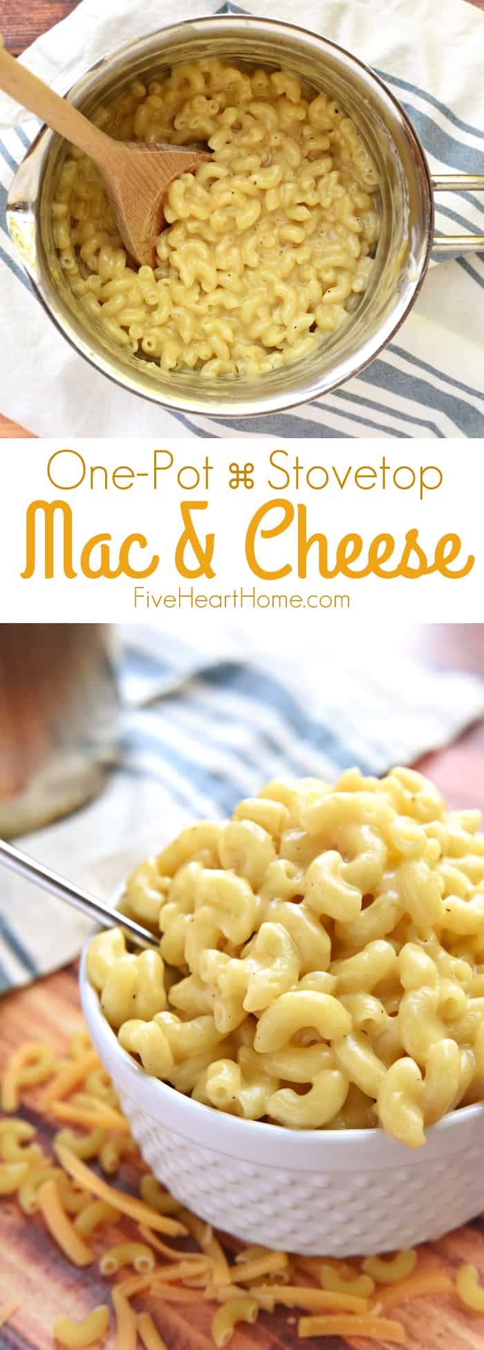 Homemade One-Pot Stovetop Macaroni and Cheese ~ creamy and made from scratch, this mac & cheese is as easy as one pot, a handful of ingredients, and ten minutes on the stove! | FiveHeartHome.com via @fivehearthome