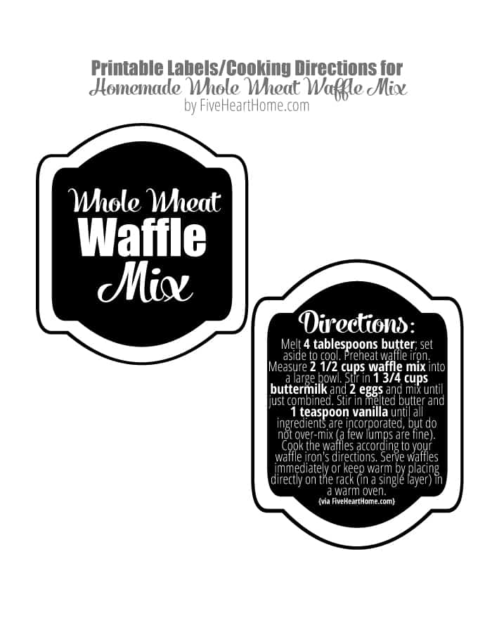 Homemade Whole Wheat Waffle Mix ~ an economical pantry staple for conveniently whipping up fluffy, all-natural, 100% whole wheat waffles! | FiveHeartHome.com