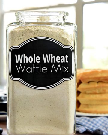 Labeled glass jar of Whole Wheat Waffle Mix