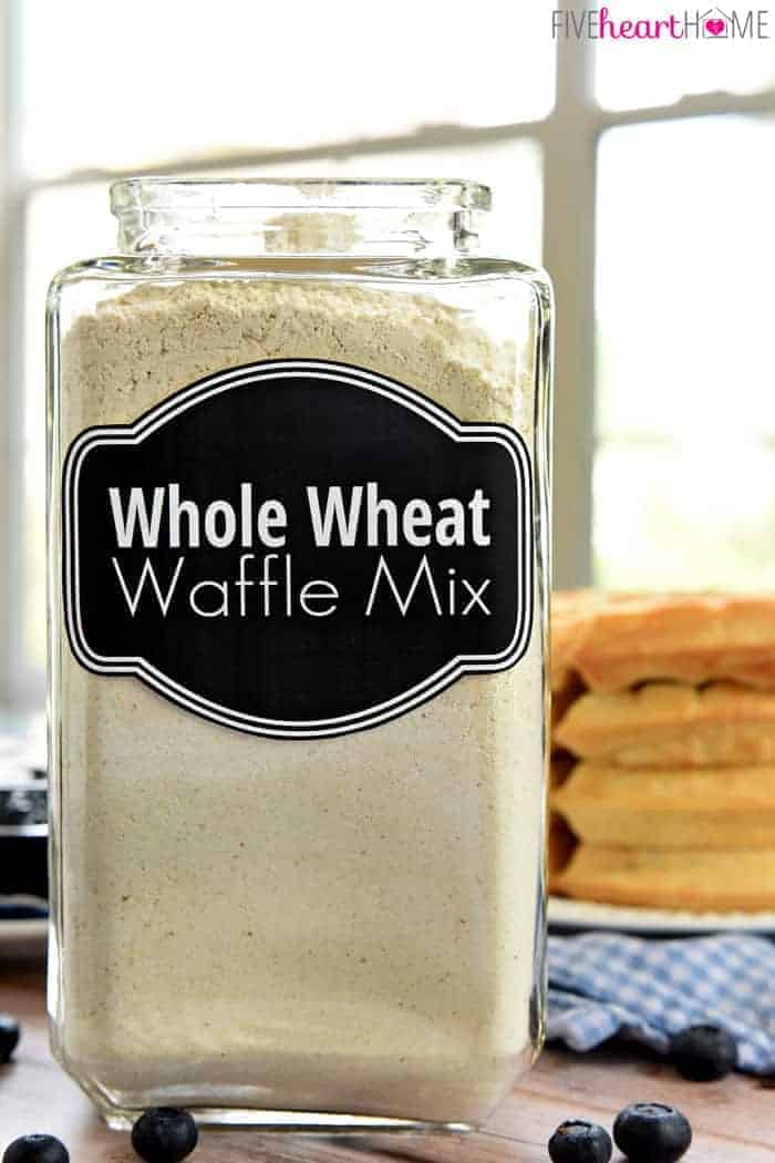 Glass jar of Whole Wheat Waffle Mix with black and white label.