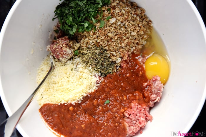 Breadcrumbs, Parsley, Cheese, Herbs, Egg, Marinara in Mixing Bowl 