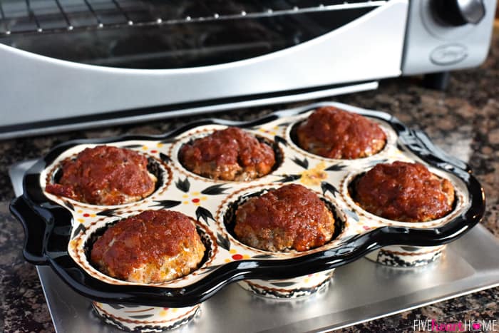 Italian Meatloaf "Cupcakes" in Decorative Muffin Tin Coming Out of Toaster Oven