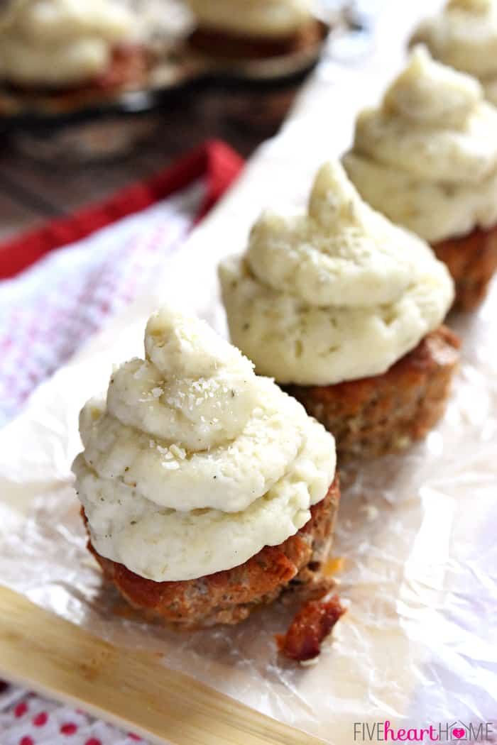 Italian Meatloaf "Cupcakes" with Mashed Potato Frosting in a Row 