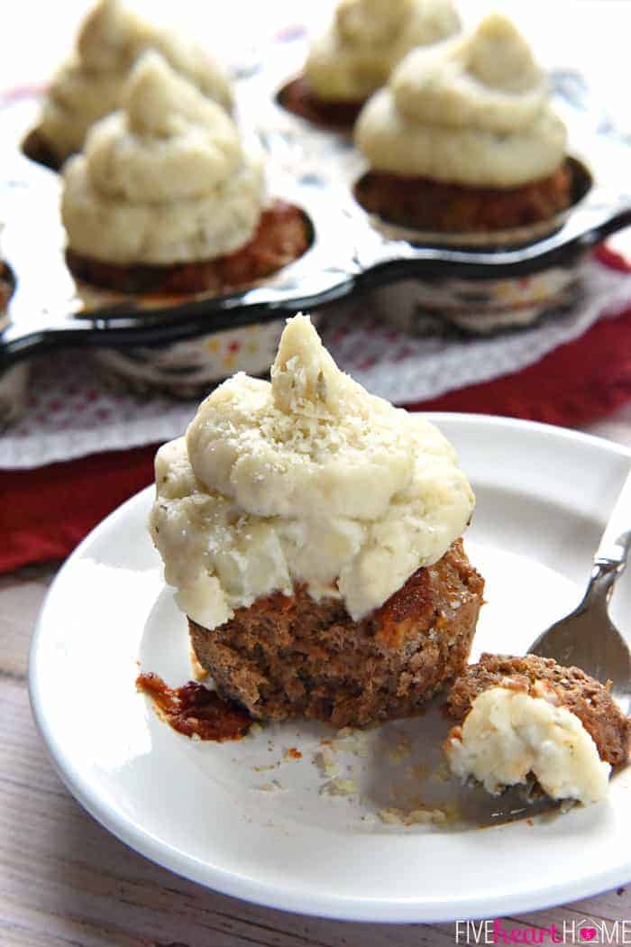 Italian Meatloaf "Cupcakes" with Mashed Potato Frosting ~ savory meatloaf is flavored with Parmesan, Italian herbs, and marinara sauce, baked in a muffin pan, and then topped with seasoned mashed potatoes in these easy-to-make, fun-to-eat, mini meatloaves | FiveHeartHome.com