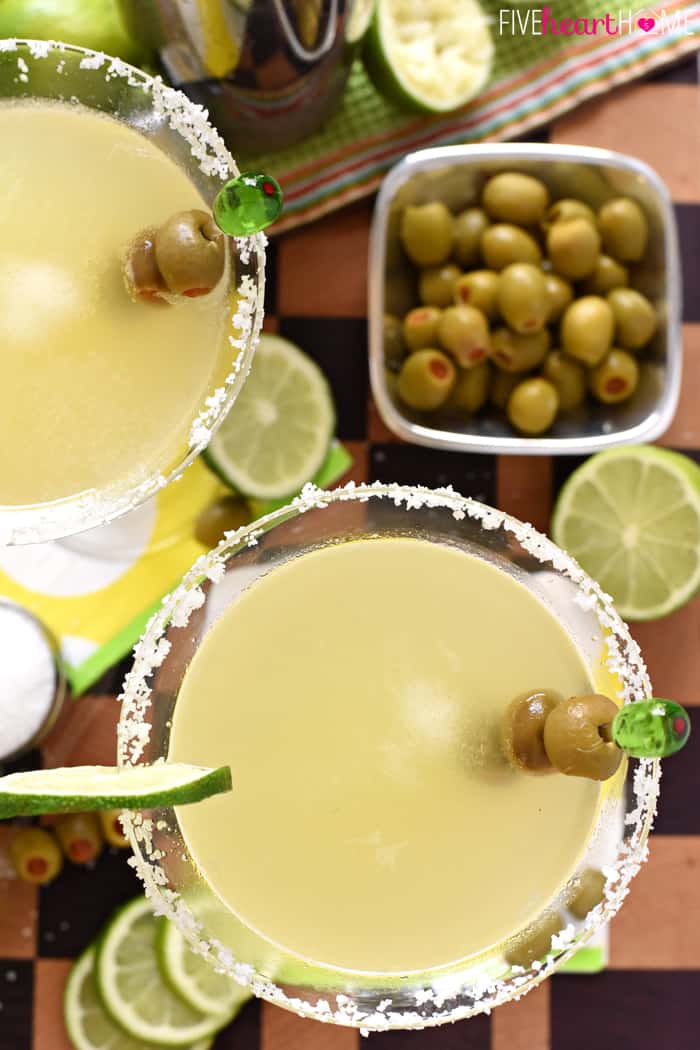 Aerial view of glasses and garnishes.