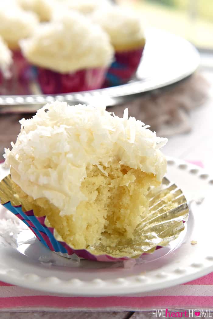 Coconut Cupcake with missing bite.