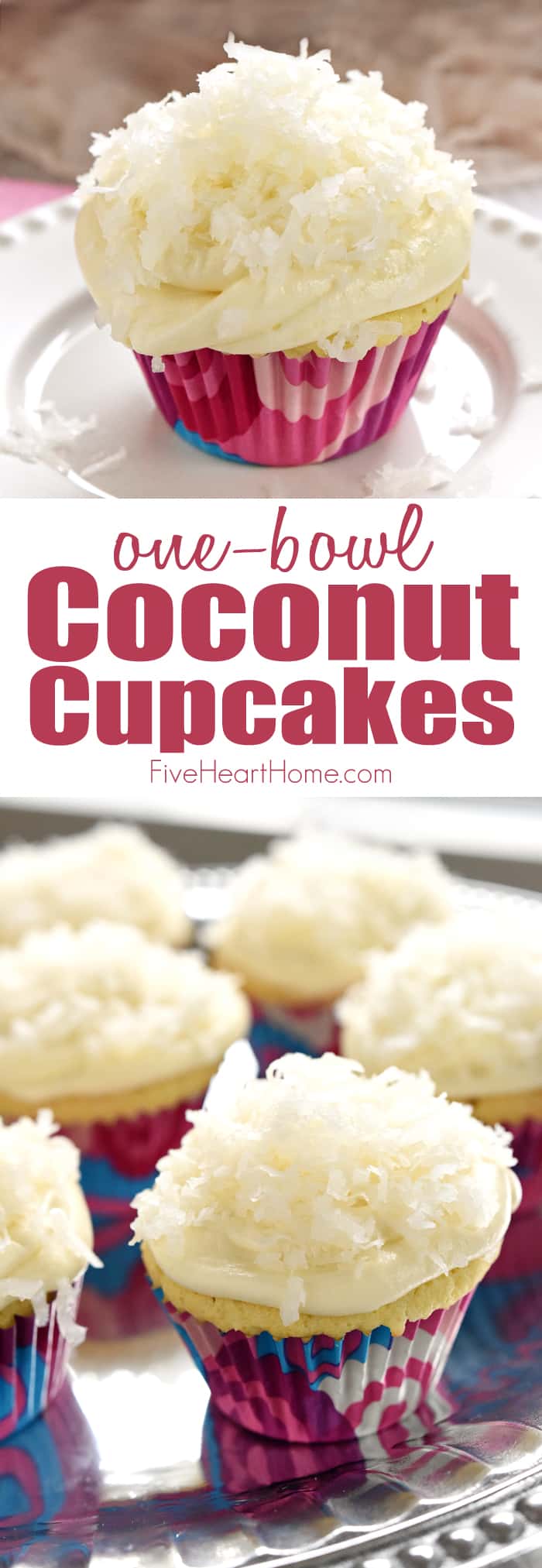 One-Bowl Coconut Cupcakes ~ these easy-to-make cupcakes are extremely moist (thanks to coconut milk) and topped with tangy cream cheese frosting and sweetened coconut flakes | FiveHeartHome.com via @fivehearthome