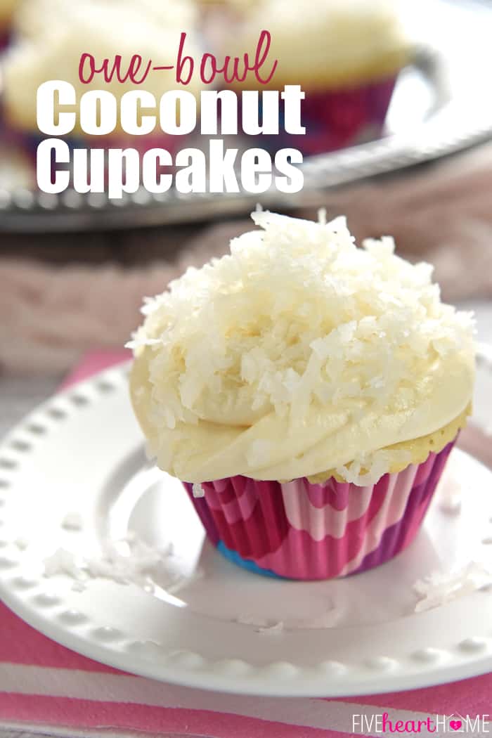 One-Bowl Coconut Cupcakes ~ these easy-to-make cupcakes are extremely moist (thanks to coconut milk) and topped with tangy cream cheese frosting and sweetened coconut flakes | FiveHeartHome.com