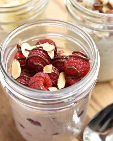 Overnight Oats, 3 Ways: Peanut Butter Banana, Raspberry Nutella, and Coconut Almond flavors ~ refrigerate a mixture of oats, milk, and yogurt overnight for a creamy, wholesome, instant, no-cook breakfast! | FiveHeartHome.com