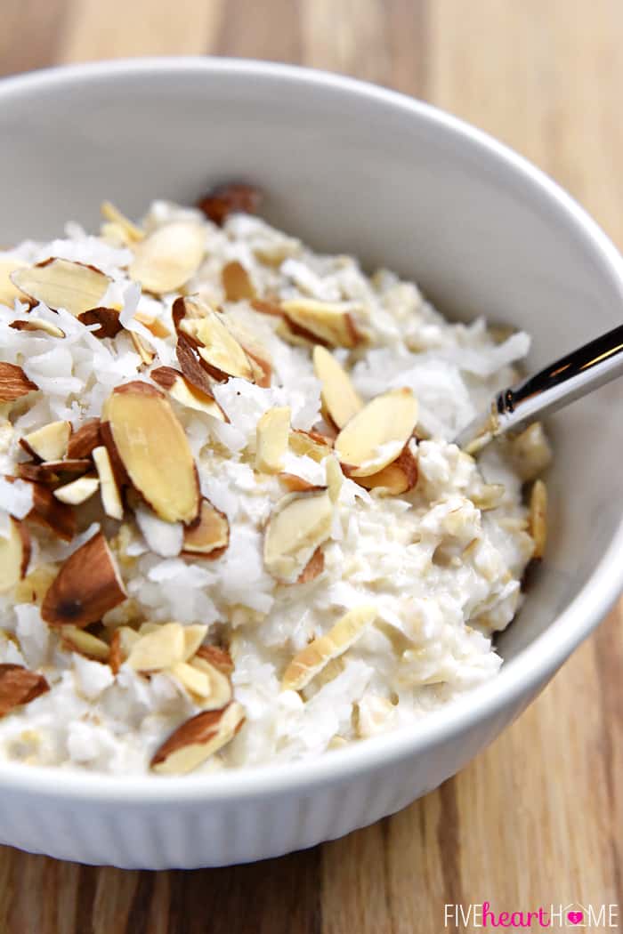 How to make Overnight Oats in bowl topped with coconut and almonds.