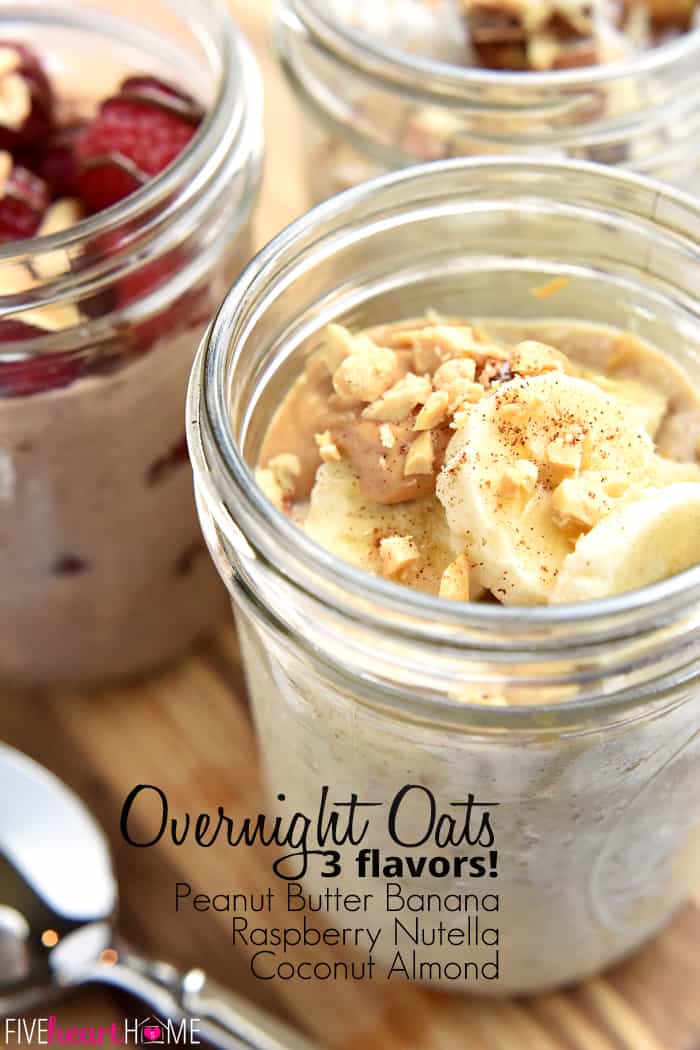Jars of Overnight Oats in 3 flavors with text overlay.