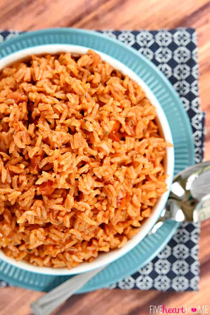 Aerial view of bowl of Spanish Rice.