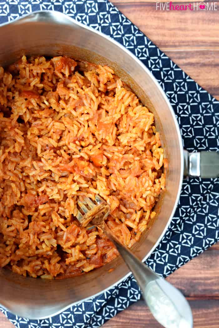 Aerial view of pot of Spanish Rice.